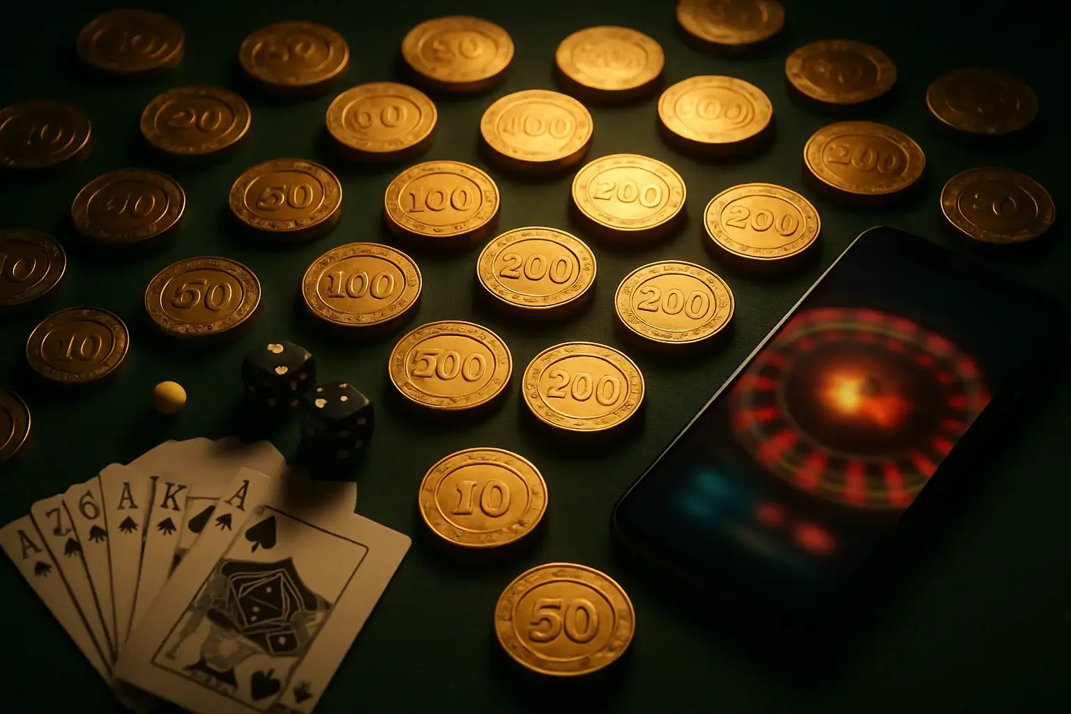 Top-down casino table with gold chips, cards, dice, roulette ball, smartphone